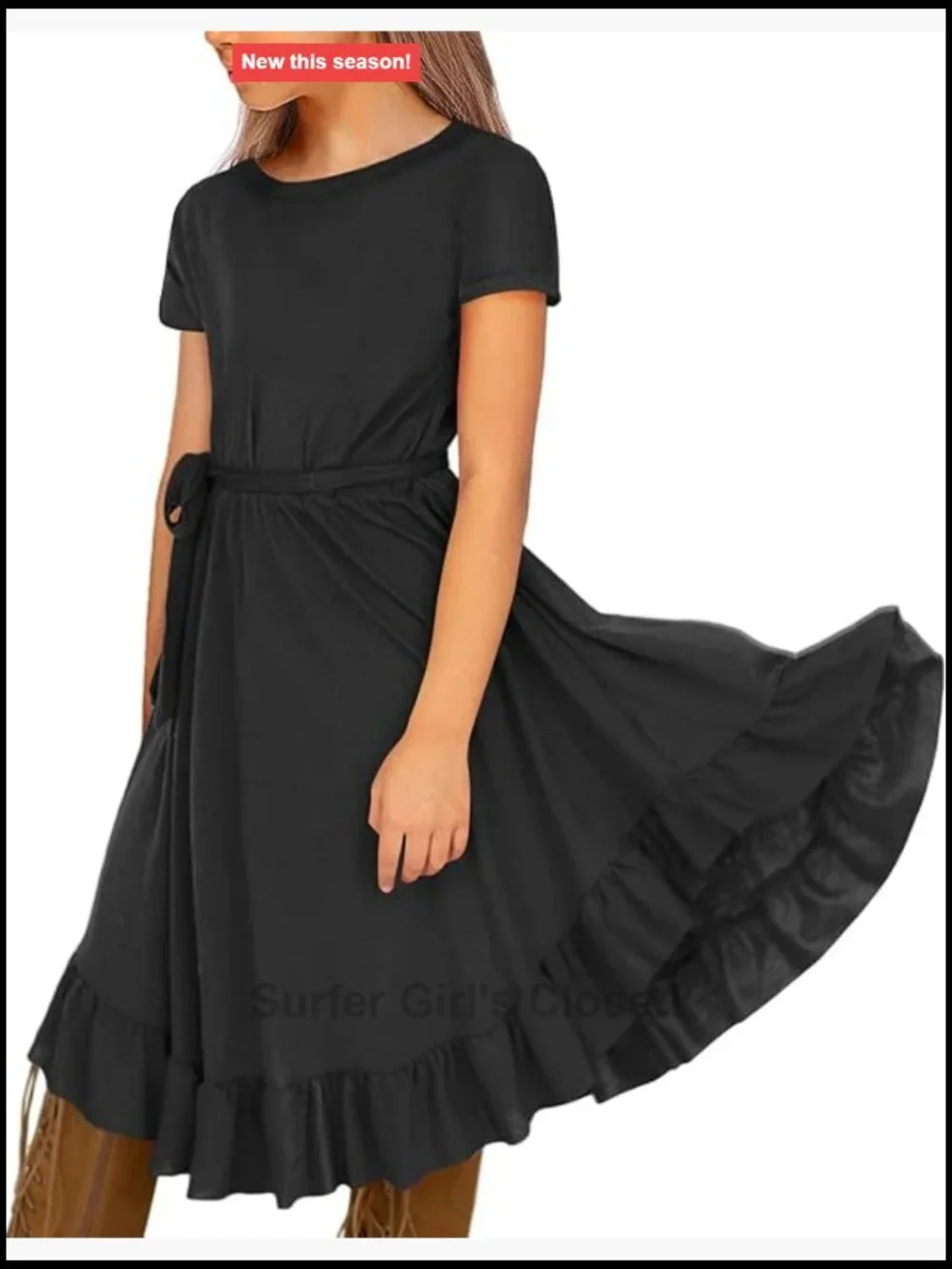 Girls Short Sleeve Swing Dress with Pockets and Belt